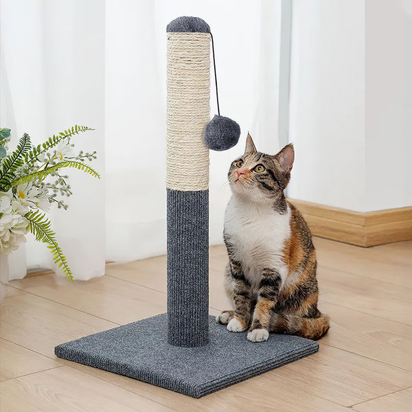 Cat Scratching Post - Indoor Cat Scratch Post Tower With Hanging Ball Toy, Carpet Board Base, Natural Sisal Rope - Perfect For Small Homes - Scratching Post