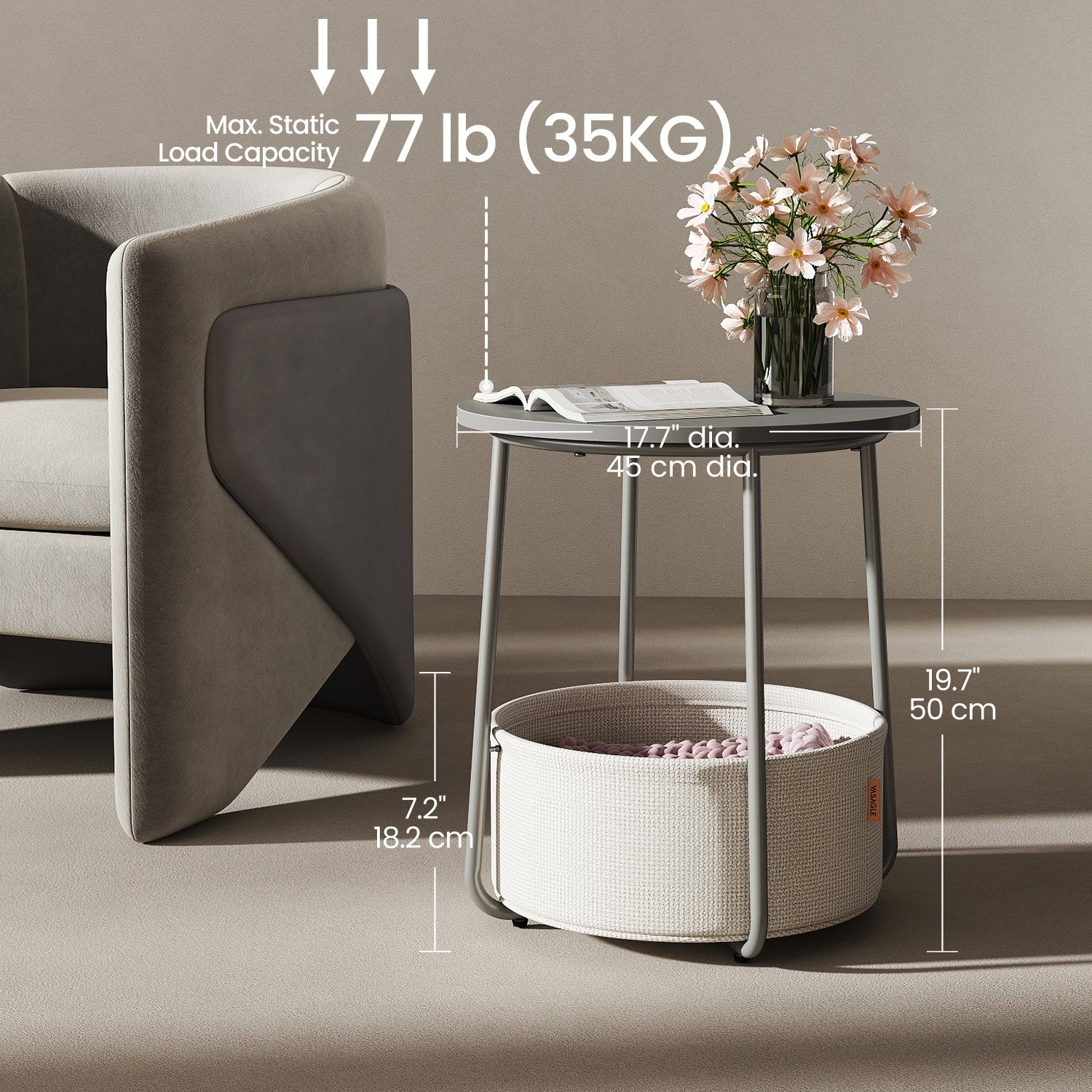 Side Table, Round End Table with Fabric Basket, for Living Room Bedroom, Bedside Table, Modern Style,Cream White,Laurel Green,Jelly Pink,Cement Grey,Ebony Black,Various colors