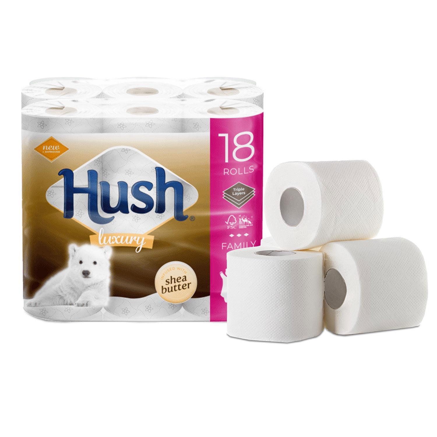 Hush White or Shea Butter Scented Core 3-Ply Luxury Bathroom Tissue, 18 Rolls