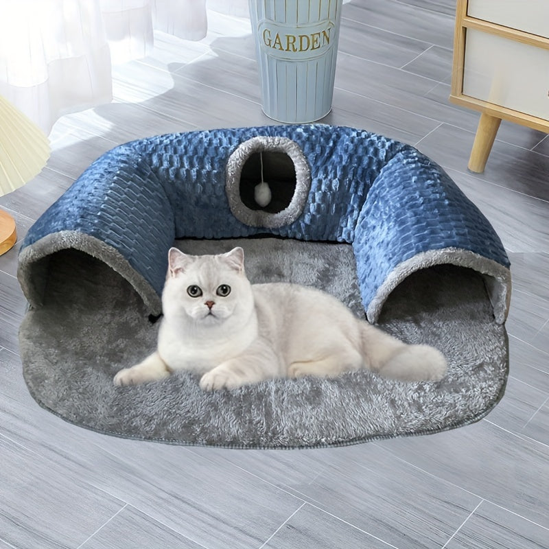 2-in-1 Non-Slip Cozy Cat Play Tunnel & Bed - Soft Polyester Fiber Fill, Easy Install Pet House
