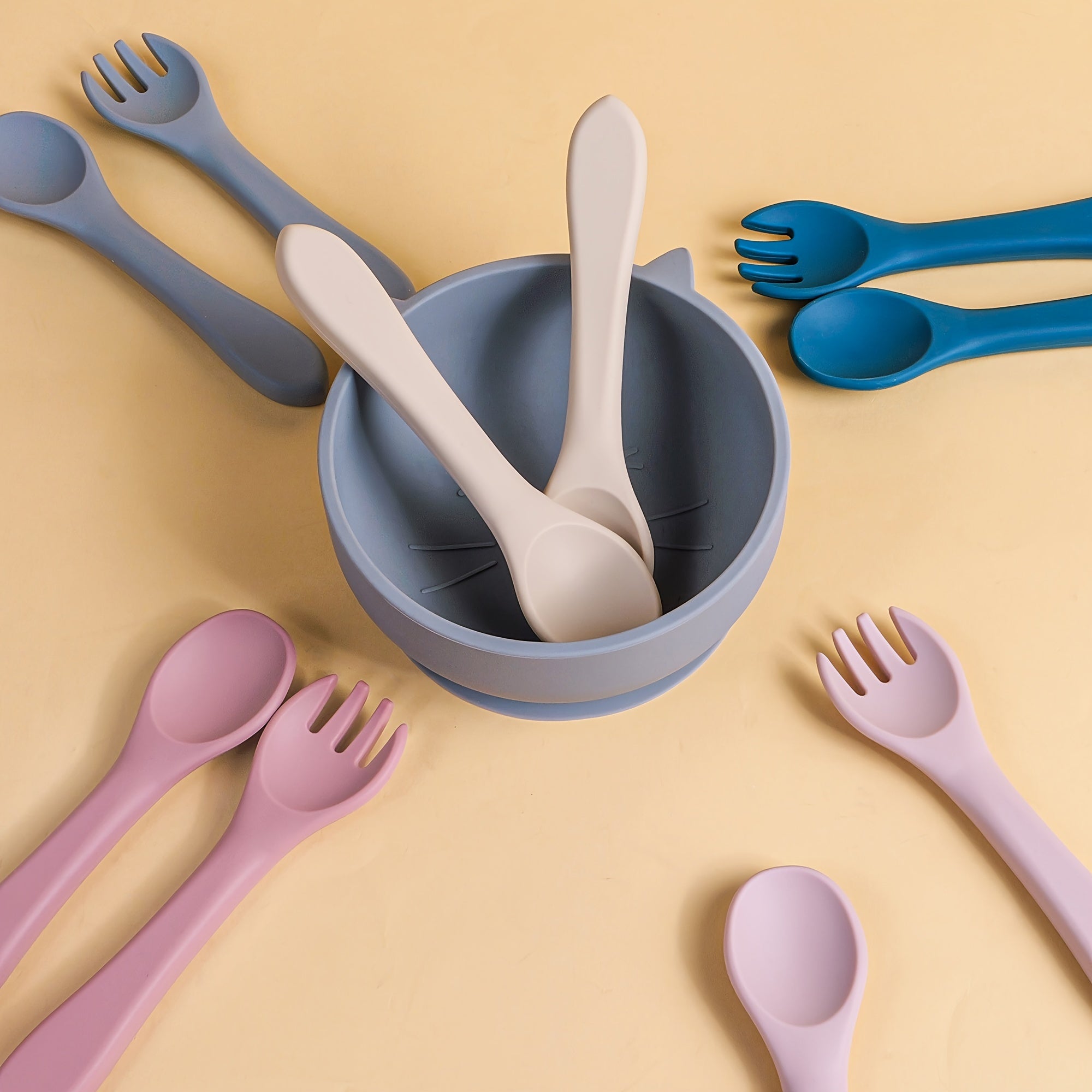 TYRY.HU Customizable Baby Fork and Scoop Sets, 100% Silicone, BPA FREE, Toddler Baby Led Weaning Silverware Cutlery Flatware, Kids First Self Feeding, with Blue, Beige, Space Gray, Deep Pink, Green and Pink Options, for Newbo