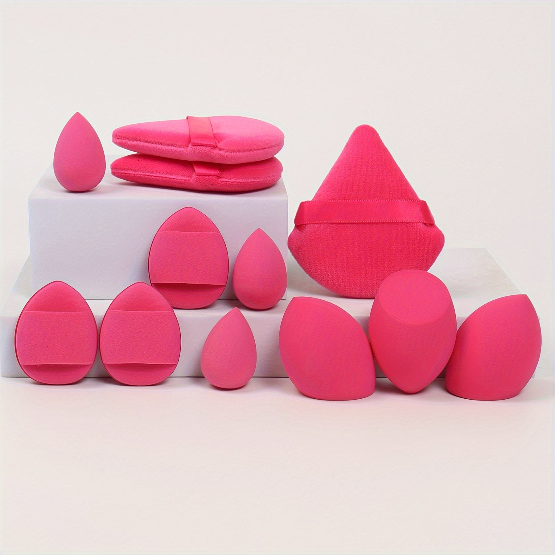 All-in-one 12pack/8pack makeup sponge set, consisting of 3 loose powder puffs, 3 mini air cushion puffs, 3 makeup sponges and 3 mini makeup sponges /or makeup puff& brush 8pcs set. Does not contain latex, does not easily eat