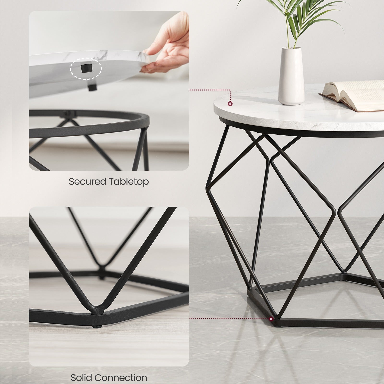 Small Round Coffee Table Set of 2, with Steel Frame, for Living Room, Bedroom, Office