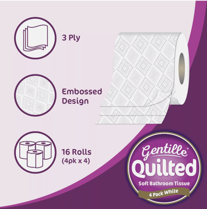 Gentille Quilted Bathroom Tissue 96 Rolls Luxury 3-Ply Toilet Paper Soft & Strong