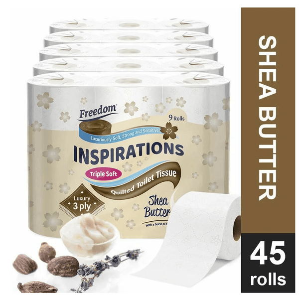 Freedom Inspiration 45 Luxury Toilet Rolls - 3-Ply Shea Butter Fragrance, Hygienic Comfort, Disposable Cleaning Sheets Pack Scented Tissue Wipes