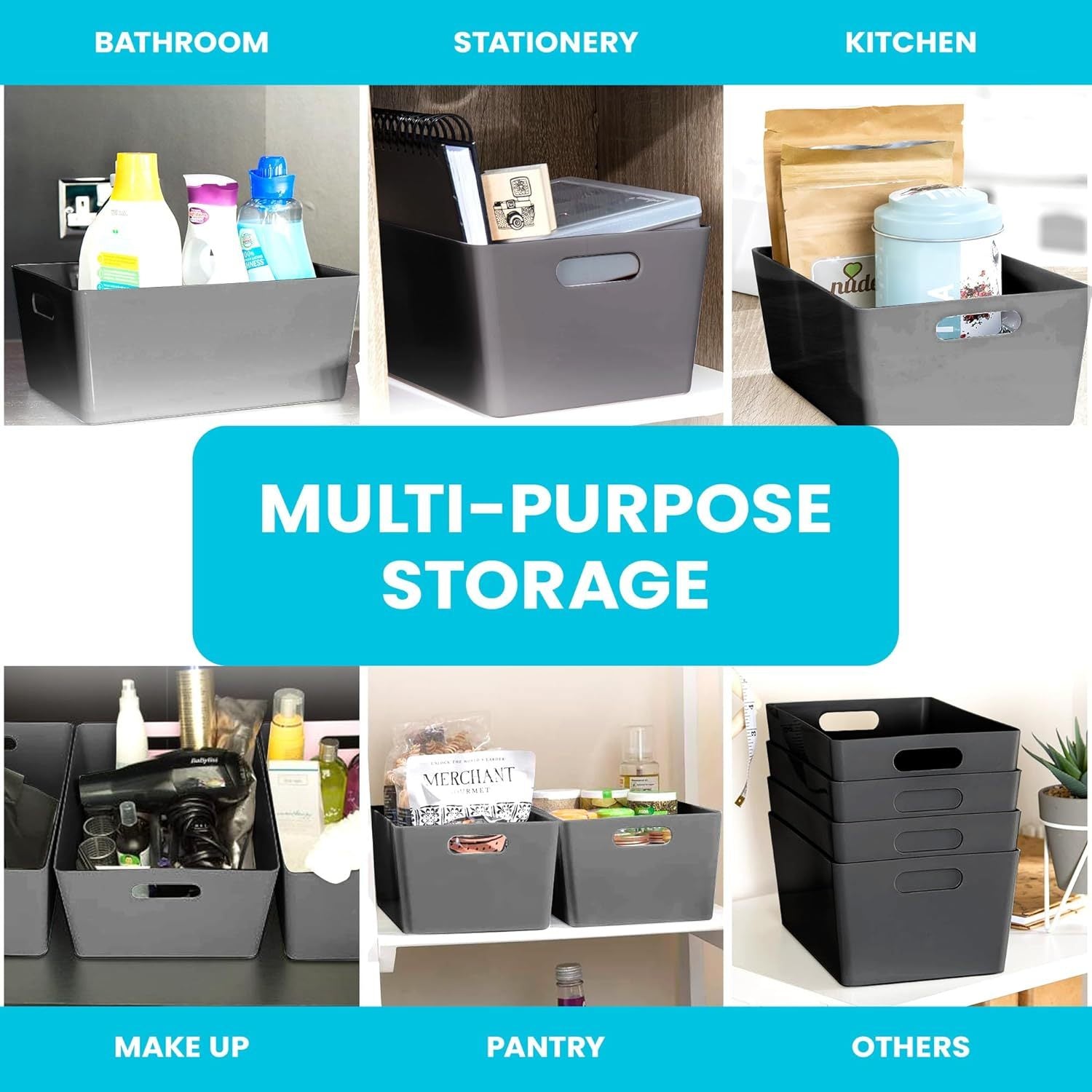 Niftii 5-Pack Plastic Storage Baskets with Sturdy Handles, Lightweight & Durable Design, Ideal for Kitchen, Bathroom, and Cleaning Organisation, 3.9L Capacity, 17 x 25 x 11cm