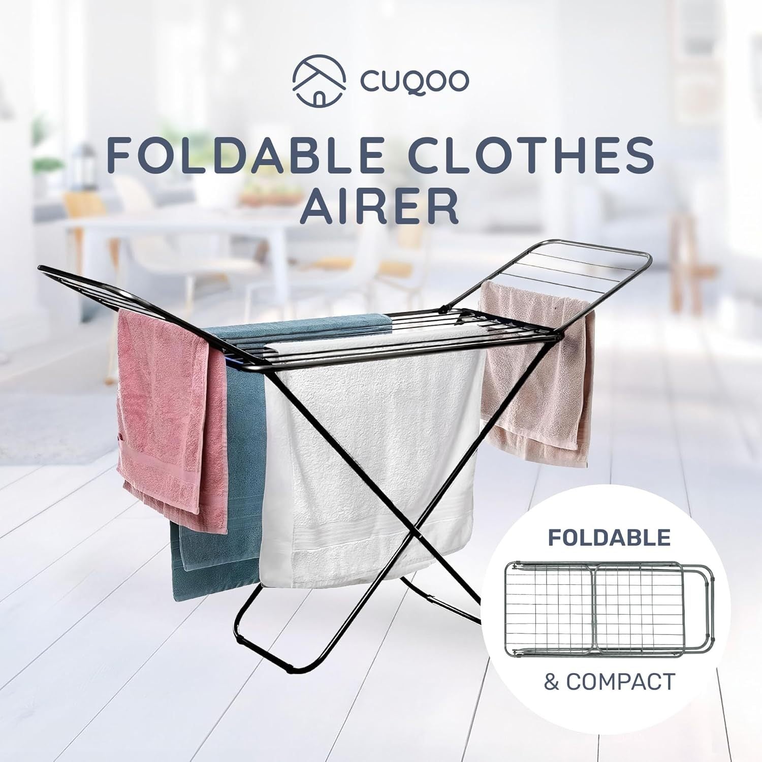 CUQOO Foldable Airer - Compact Clothes Drying Rack, Winged Heavy Duty Indoor Airer, Outdoor Clothing Drying Rack w/ 22 Bars, Large Premium Stainless Steel Laundry Clothes Horse