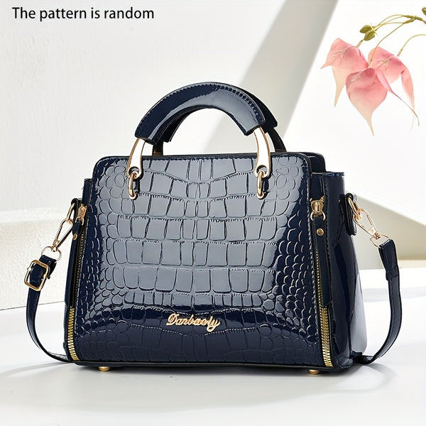 CHROSGEKEIDI Women's Crocodile-Texture Handbag - Glossy Black Alligator-like Shoulder Bag with Golden-Tone Hardware, Adjustable Strap & Zipper Closure, Golden-Tipped - Elegant Purse for, Casual, Formal Events (Luxury)