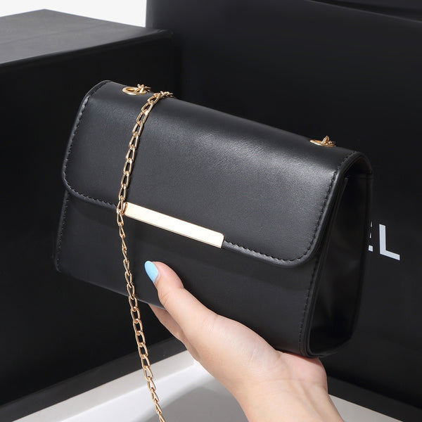 Elegant Black Synthetic Faux Leather Shoulder Bag with Golden-Tone Metal Chain Strap, Magnetic Closure & Embossed Design - Detachable Strap, Polyester Lined, Perfect for Casual or Formal Occasions, Versatile Shoulder Bag | So