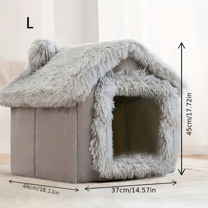Four-season Comfortable Plush Pet Bed for Cats and Dogs with Removable Non-slip Bottom, Semi-enclosed Cat House