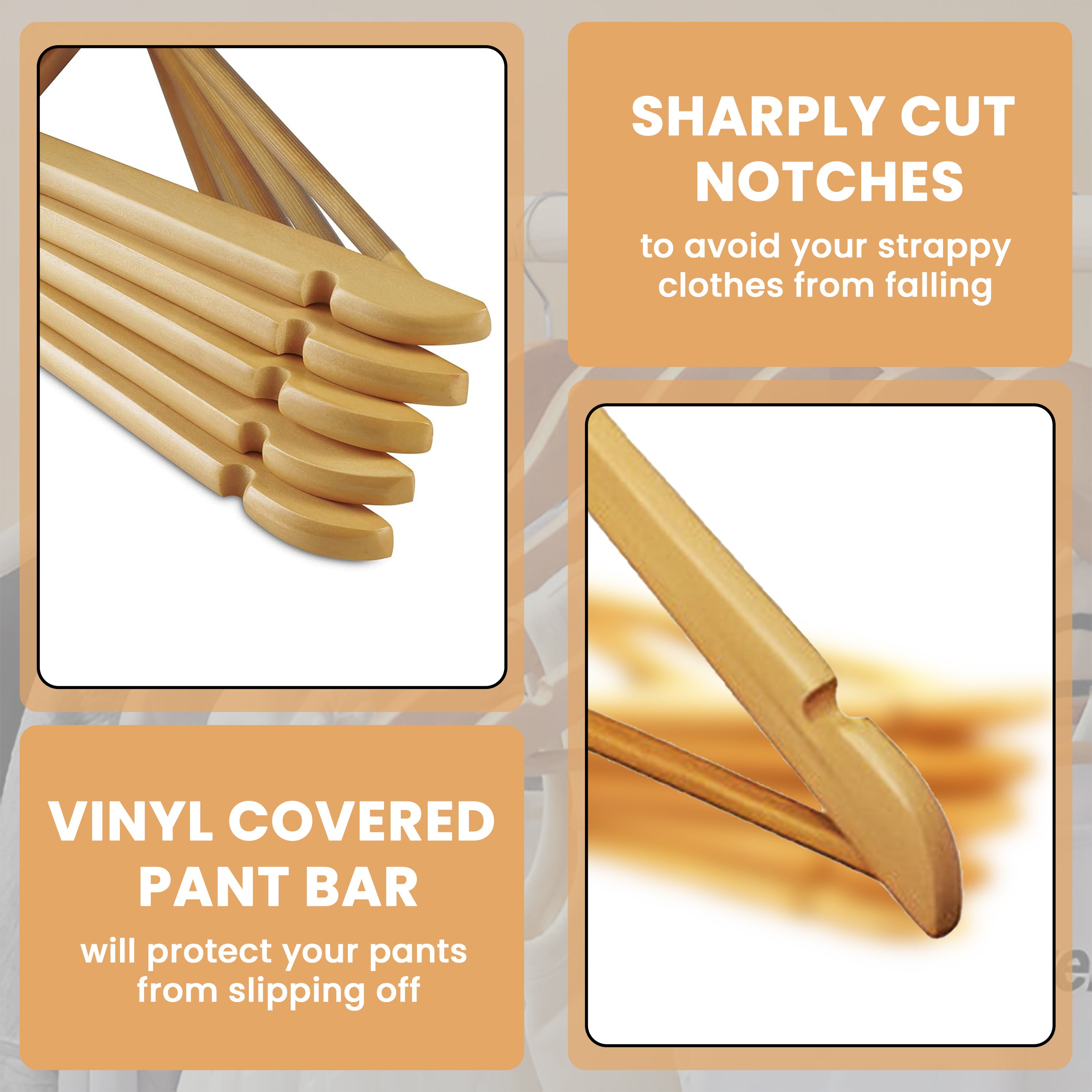 40-Pack Wooden Coat Hangers, Strong Hangers, Heavy Duty Hardwood Hangers, 360° Swivel Hook, Shoulder Notches for Camisoles, Trouser Bar, for Coats, Jackets, Suits, Trousers