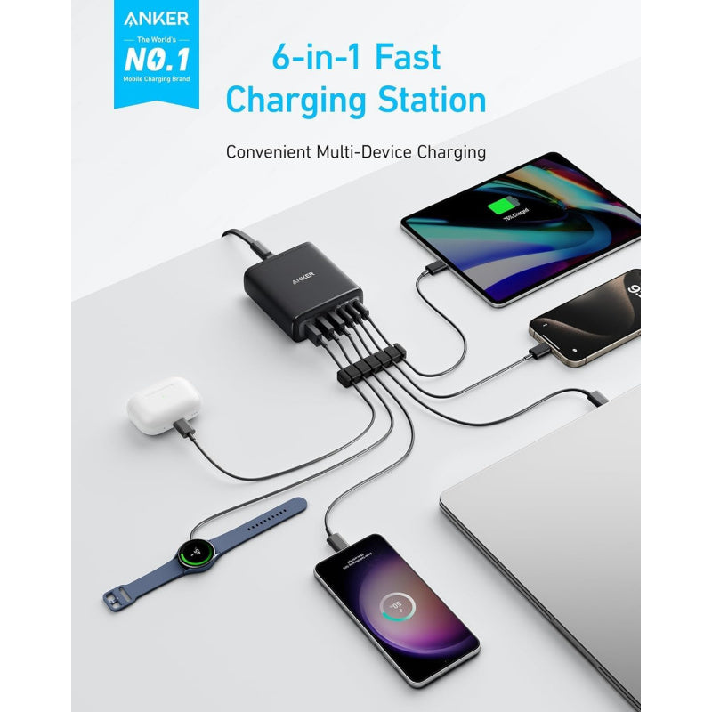 Anker USB C Charger, 6 Port Charging Station with 112W Power, for iPhone 17/16/15/14/13/12 Series, MacBook, Galaxy, iPad, and More (Cable Included)