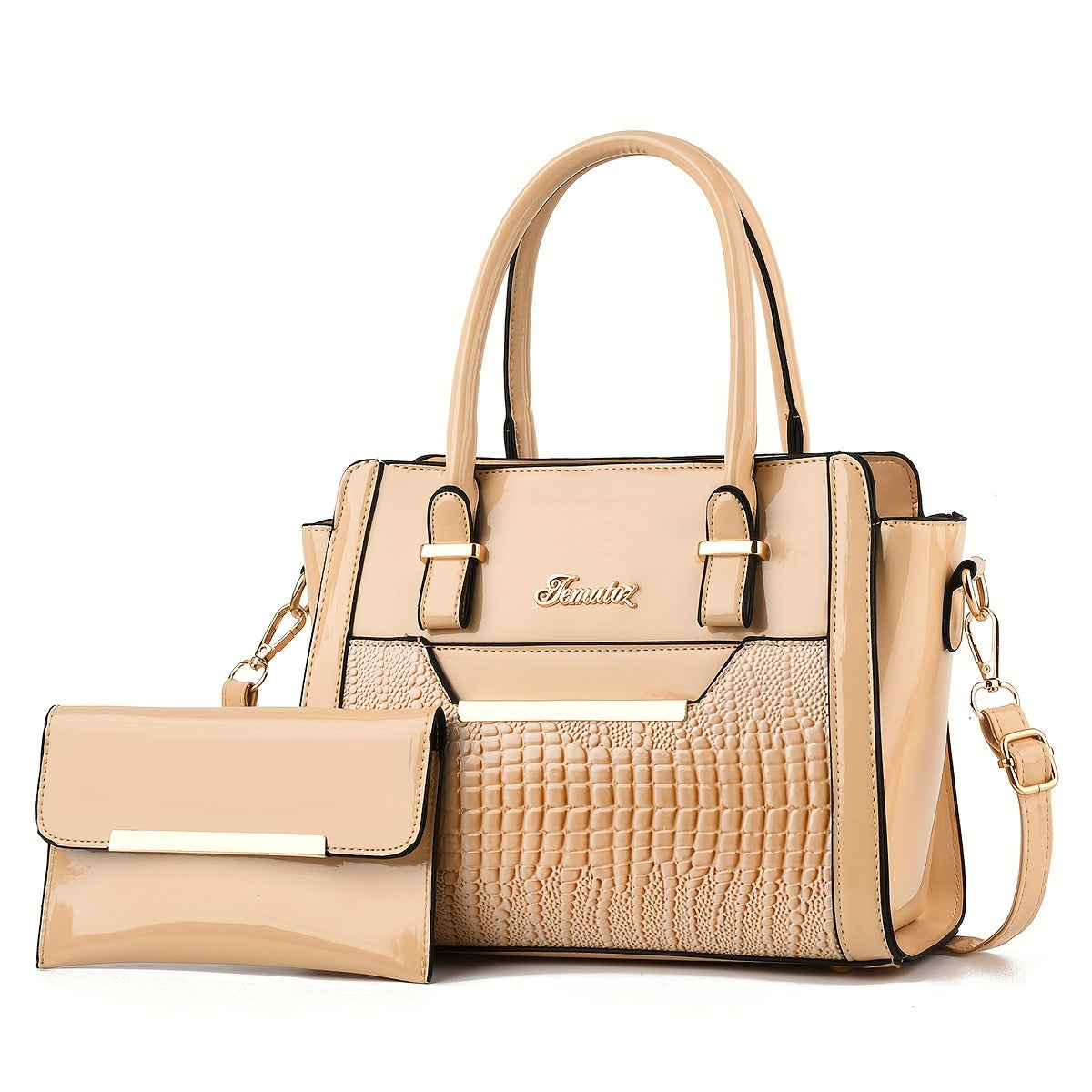 Classic Solid Color Crocodile Pattern Handbag with Clutch Purse, Textured Bags for Women