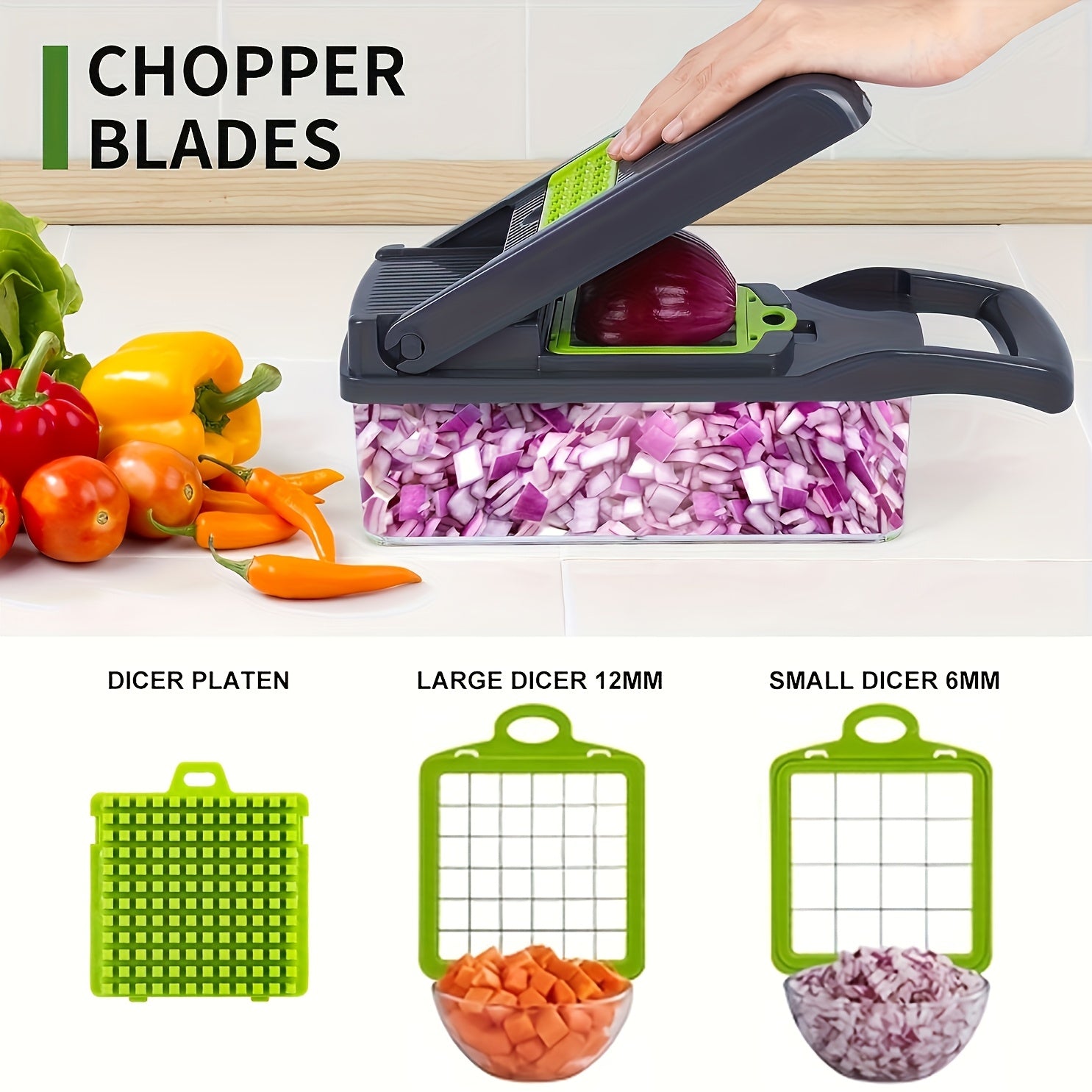 16-in-1 Multifunction Vegetable Chopper – Salad Slicer with Peeler, Mitten & 7 Chopping Blades for Fruits & Veggies