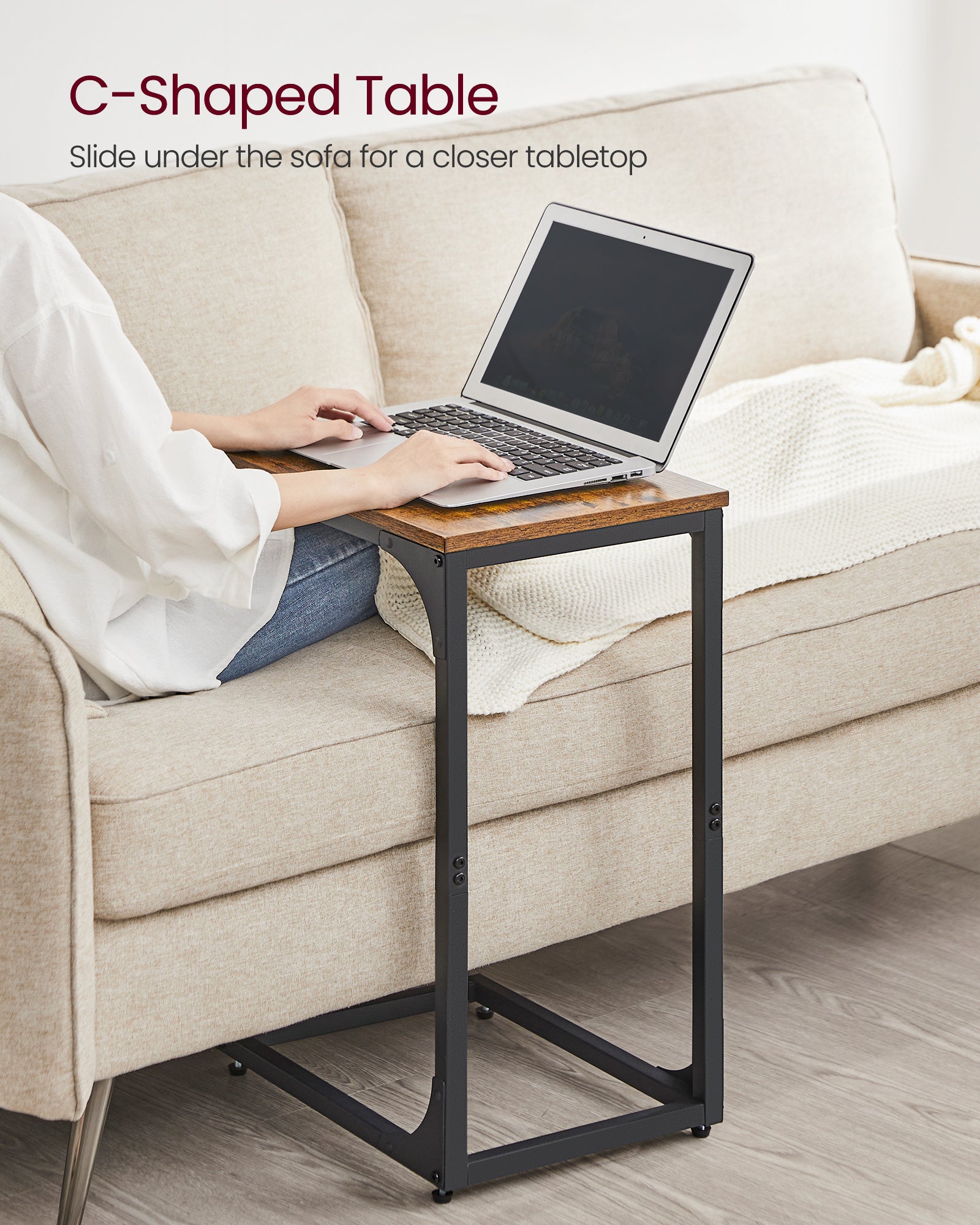 Set of 2 C-Shaped Side Tables – Industrial Metal Frame Bedside, Sofa, and Coffee Tables for Living Room or Bedroom