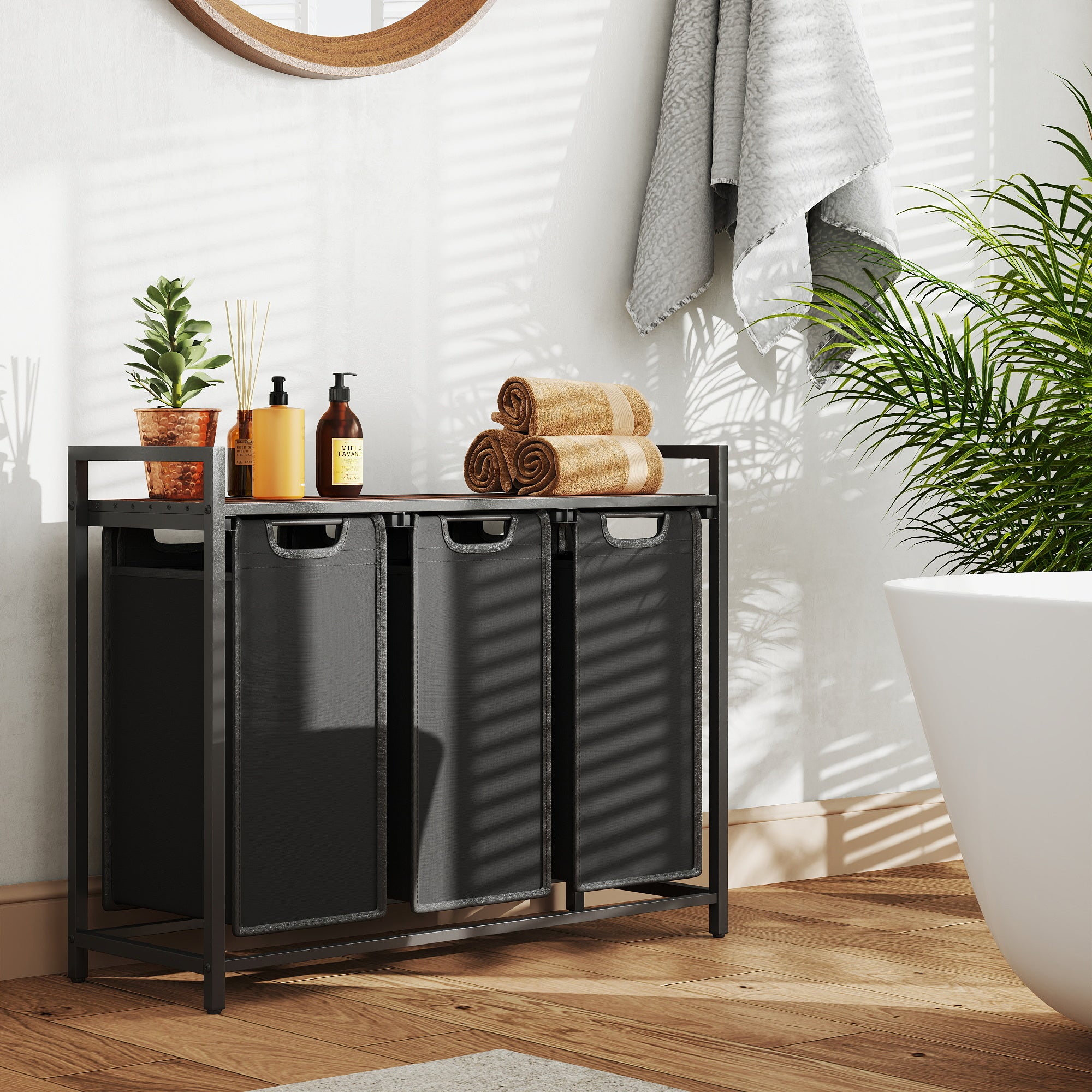 Laundry Basket, 3-Compartment Laundry Hamper, Freestanding Clothes Hamper, Laundry Bag Stands Up Well, Removable Laundry Bags, Laundry Sorter, Shelf, Metal Frame, 3 x 38 L, Black/White/Grey