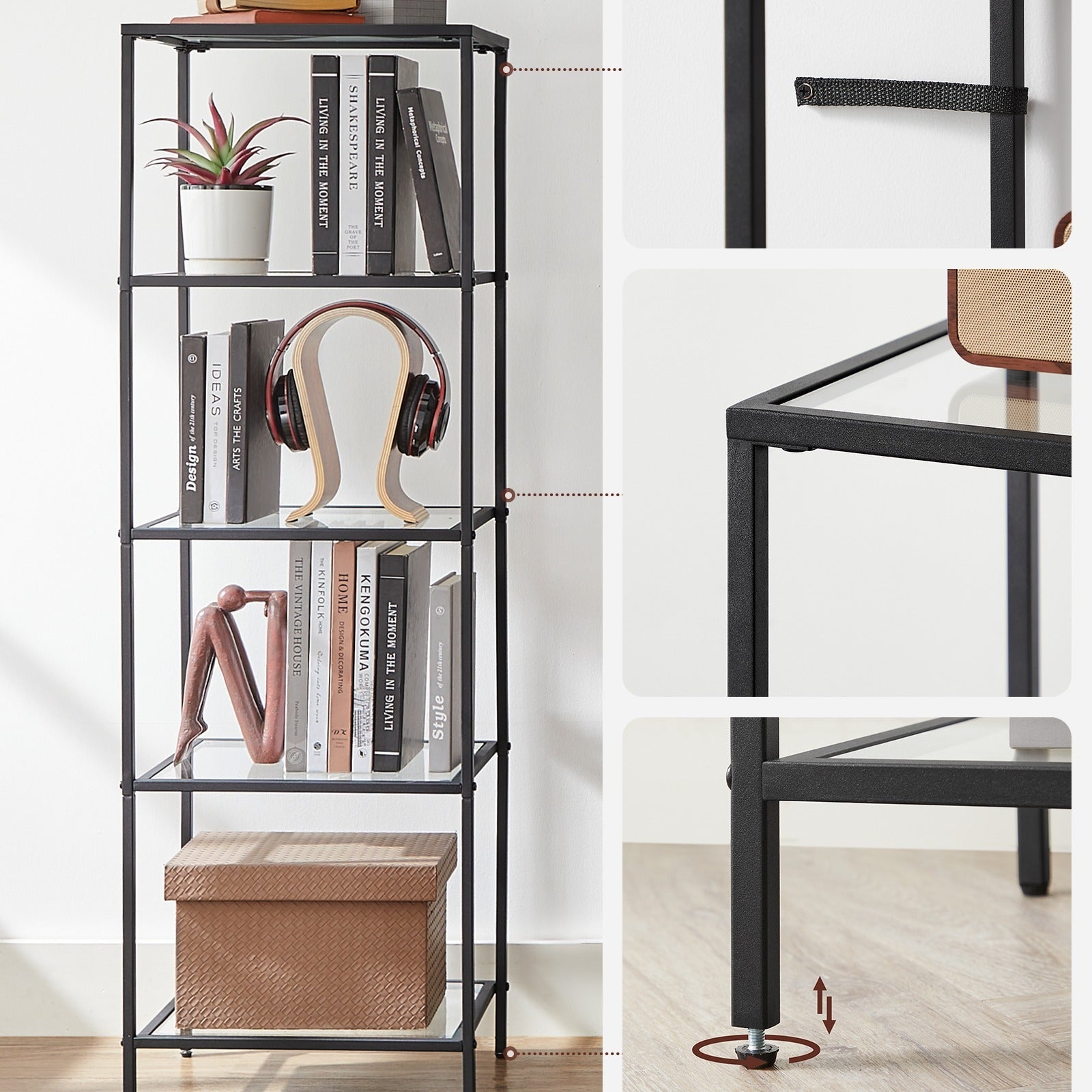 5-Tier Glass Shelf, Bookshelf, Storage Rack, Tempered Glass, Easy Assembly, Bathroom, Living Room, Black