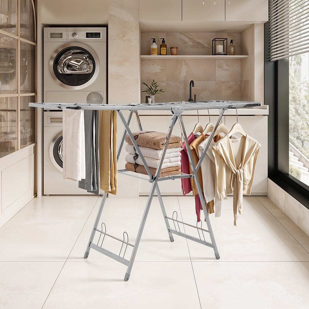 Staiinless Steel Folding Drying Rack, 2-Level Clothes Airer with Height Adjustable Wing, Freestanding Drying Rack for Clothes Socks Towels Shoes Quilts, Multifunctional Air Dryer, Foldable Wing Clothes Drying Rack, No Assembl