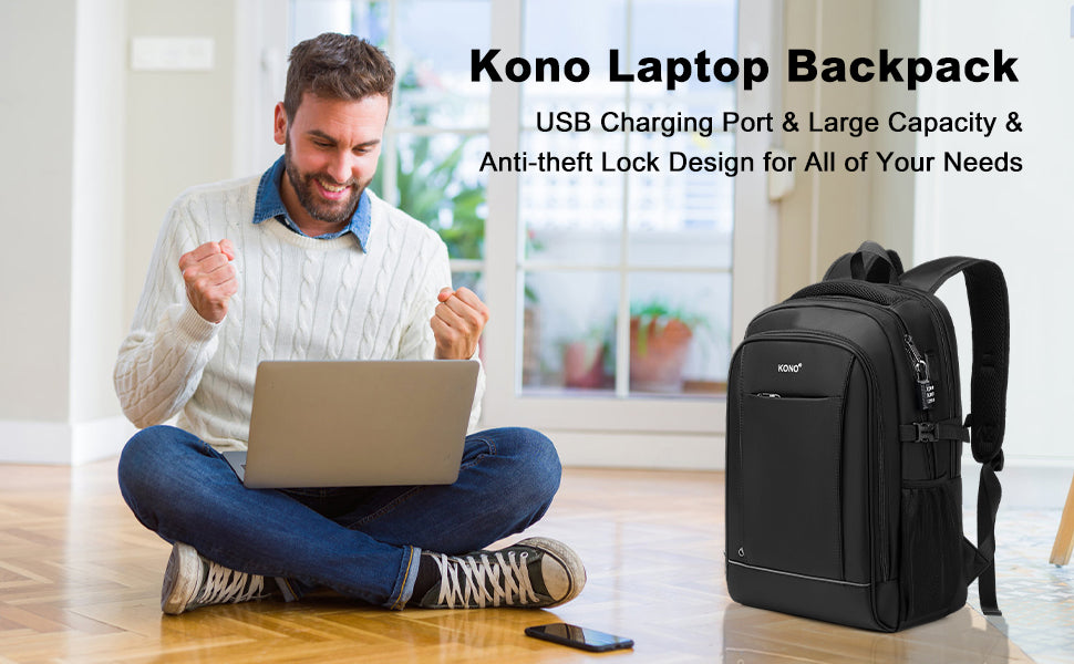 Kono Anti-Theft 15.6" Laptop Backpack - Secure Business & Travel Bag for Work/School, Men & Women