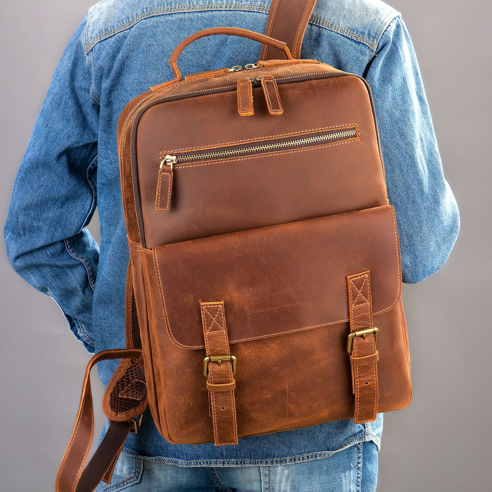 Crazy Horse Leather Retro Men's Large Capacity Backpack