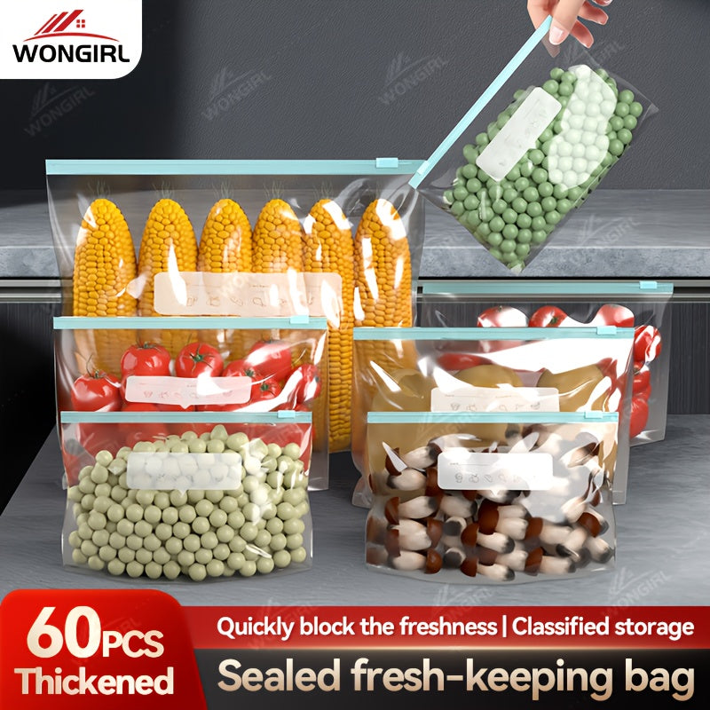 60pcs Reusable Food Storage Bags - 3 Sizes Available, Zipper Sealed & Leak-Proof, Suitable for Fruits, Vegetables, Meat & Grains, Essential for Kitchen Organization