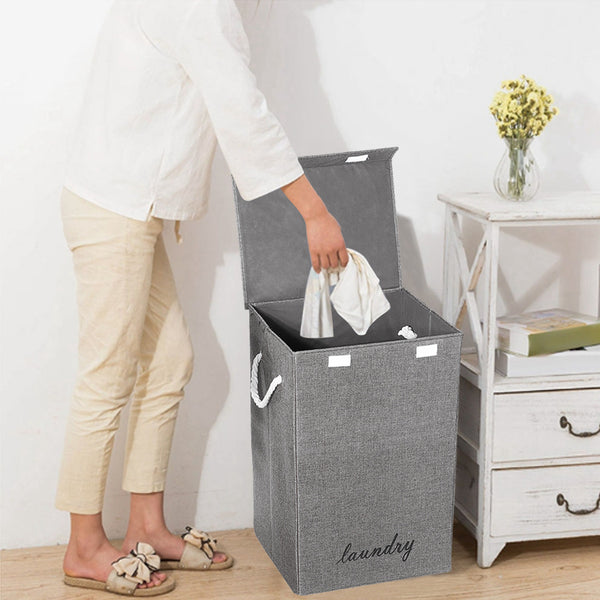 Large Lidded Storage Basket with Handles Fabric Hamper Organizer for Home Laundry Grey Contemporary Linen Design