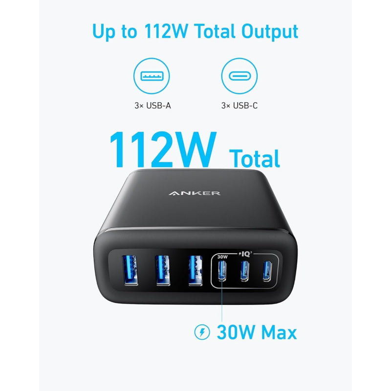 Anker USB C Charger, 6 Port Charging Station with 112W Power, for iPhone 17/16/15/14/13/12 Series, MacBook, Galaxy, iPad, and More (Cable Included)