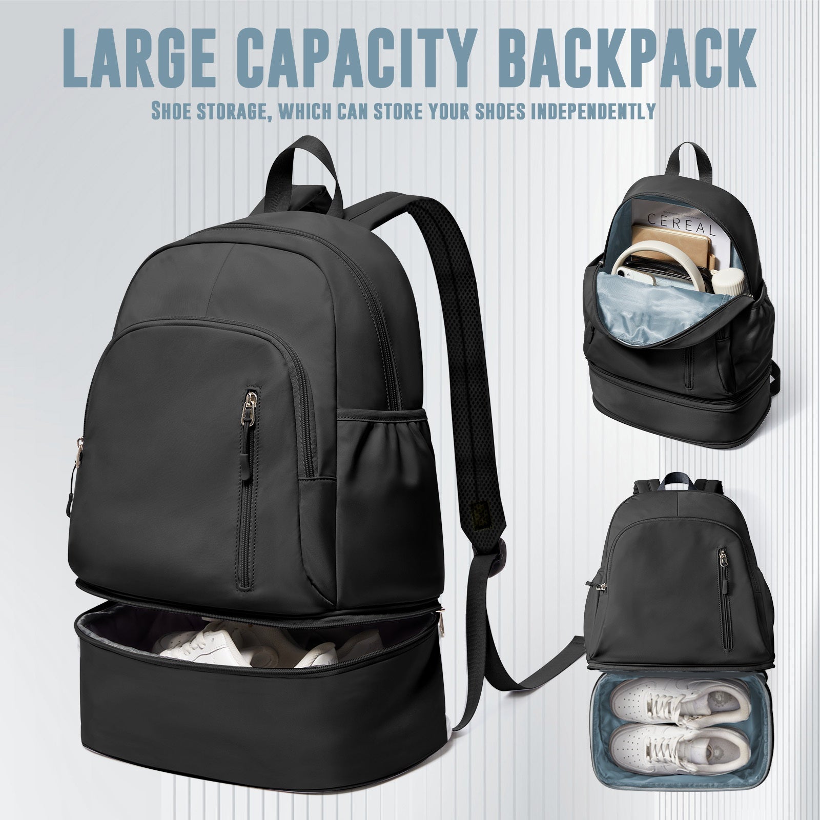 Lightweight Travel Backpack with Independent Shoe Compartment - Large Capacity, Nylon, White, Perfect for Hiking, Camping, and Business Trips, Carry-On Friendly with Laptop Sleeve, Backpack for Travel