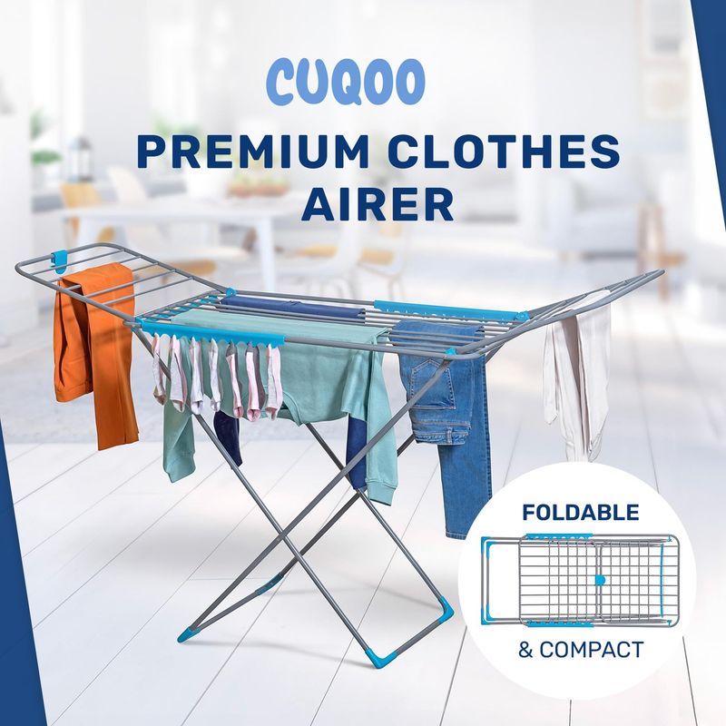 CUQOO Foldable Airer - Compact Clothes Drying Rack, Winged Heavy Duty Indoor Airer, Outdoor Clothing Drying Rack w/ 22 Bars, Large Premium Stainless Steel Laundry Clothes Horse