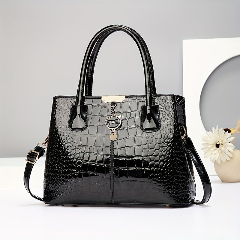 New Fashionable Handbag for Family, Large Capacity Crocodile Pattern Shoulder Bag, Perfect Gift for Middle-Aged Mothers