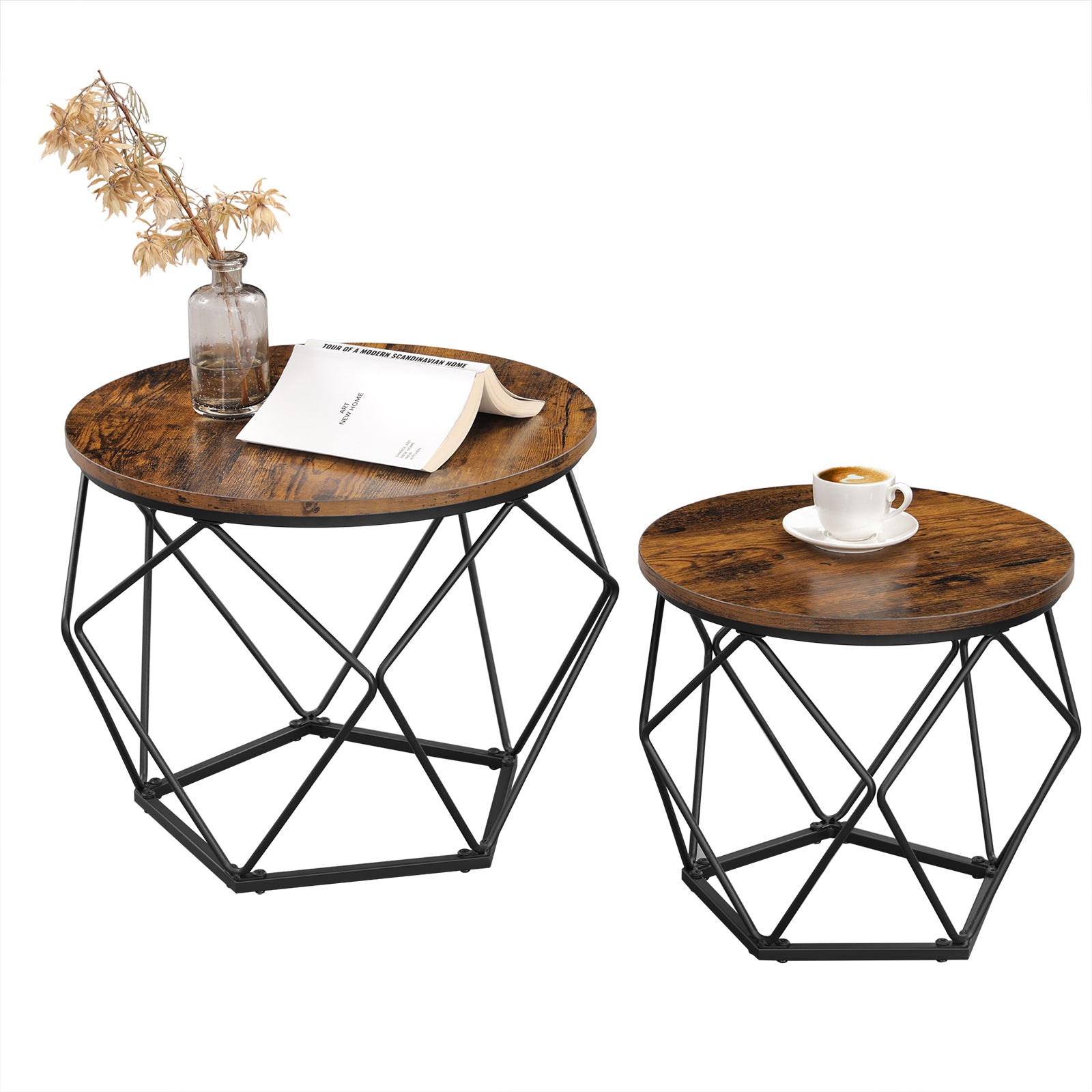 Small Round Coffee Table Set of 2, with Steel Frame, for Living Room, Bedroom, Office