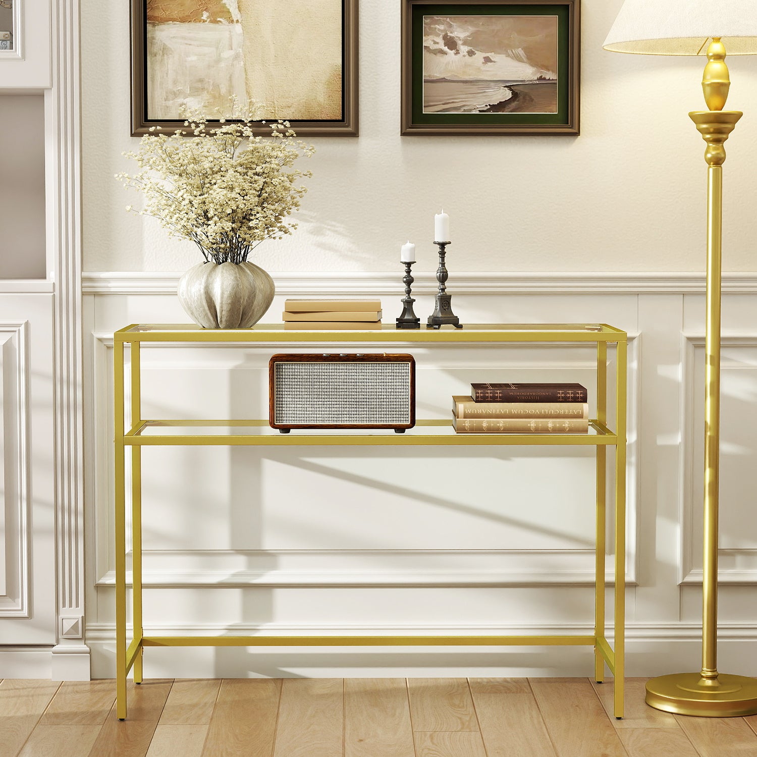 Console Table, Side Table, Tempered Glass Tabletop, Modern Sofa Table, 2 Shelves, for Living Room, Hallway, Space Saving, Vintage Style, Sturdy Construction, Versatile Use, Easy Assembly