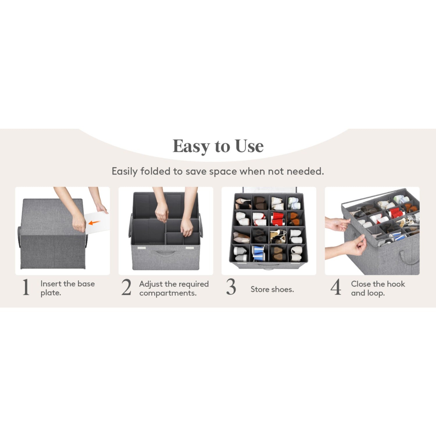 1/2 Pack Shoe Organizer for Closet Foldable Storage Bins with Adjustable Dividers, Clear Cover, and Bottom Support, Fits 16 Pairs of Boots, Heels, and Sneakers