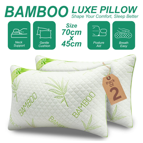 Bamboo Memory Foam Pillow Pack of 2 | Medium Firm Support for Neck & Shoulder Comfort | Soft & Breathable | 50x75cm | Ideal for Side, Back, and Stomach Sleepers | Removable Zip Cover | Durable Viscose Elastic Foam