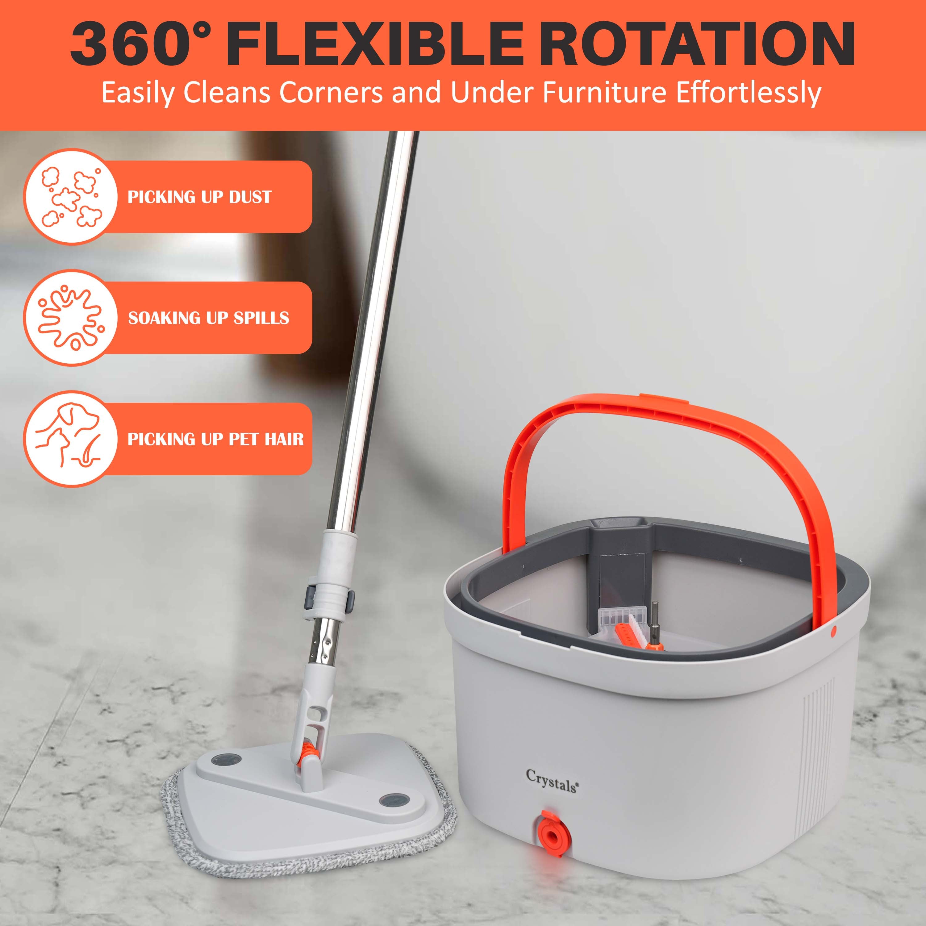 Spin Mop and Bucket Set with 360° Rotating Head – Compact Floor Cleaning System with Squeeze Wringer, 2 Microfiber Refill Pads (Square Mop & Bucket)