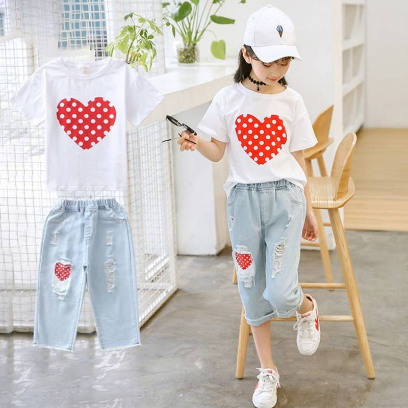 Fashion 2023 Girls Clothes Sets: Summer Short Sleeve T-Shirt + Jeans 2Pcs Children Clothing. Kids Outfits for Teenagers 6, 8, 10, 12 Years