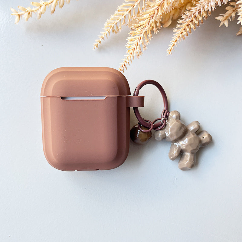 Caramel Khaki Earphone Case with Bear Pendant – Stylish Cover for AirPods 1/2/3 & Pro
