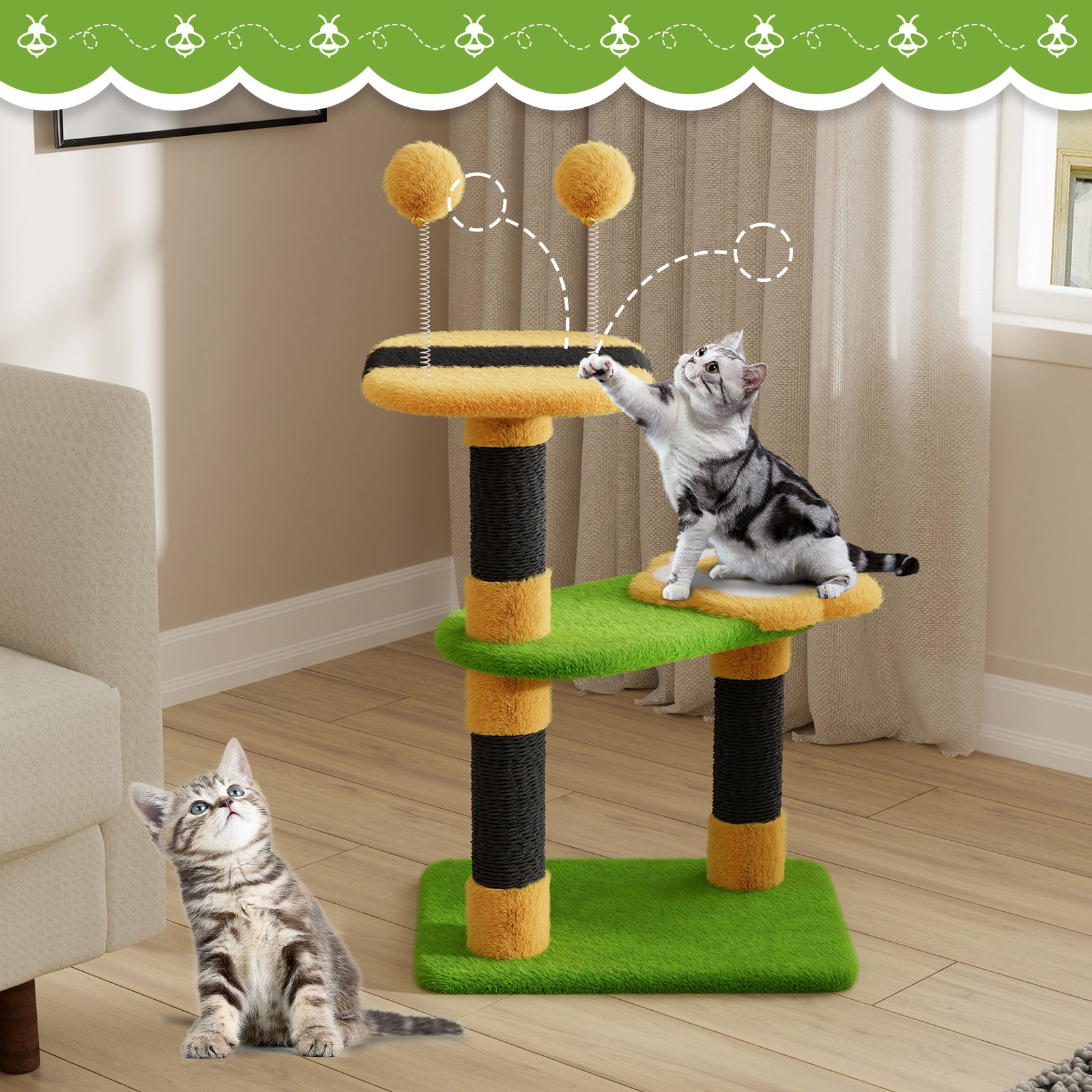 Dogat Bee - Themed Cat Tree with Scratching Posts, Interactive Kitten Furniture for Indoor Cats - Durable, Space - Saving & Easy to Assemble