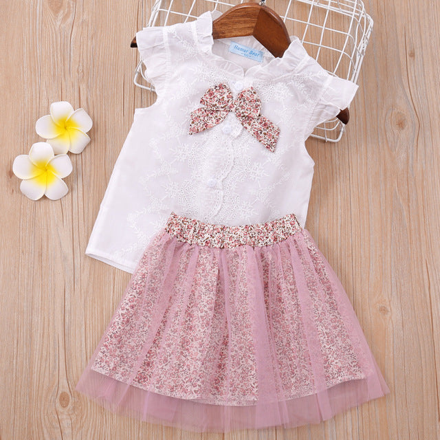 MERI AMMI 2Pcs Outfit: Kids Girls Clothing Set Floral Lace Tee + Floral Skirts for 2-13 Years Children