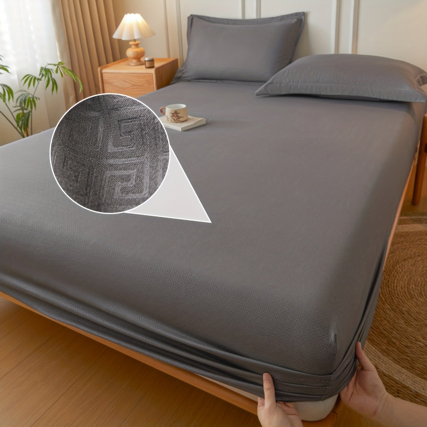 Simple Style Full Wrap Fitted Sheet Mattress Protector Cover, Light Beige-Friendly Comfortable Embossed Design, Non-Slip Fixed Positioning All-Season Machine Washable Without Pillowcase or Cushion