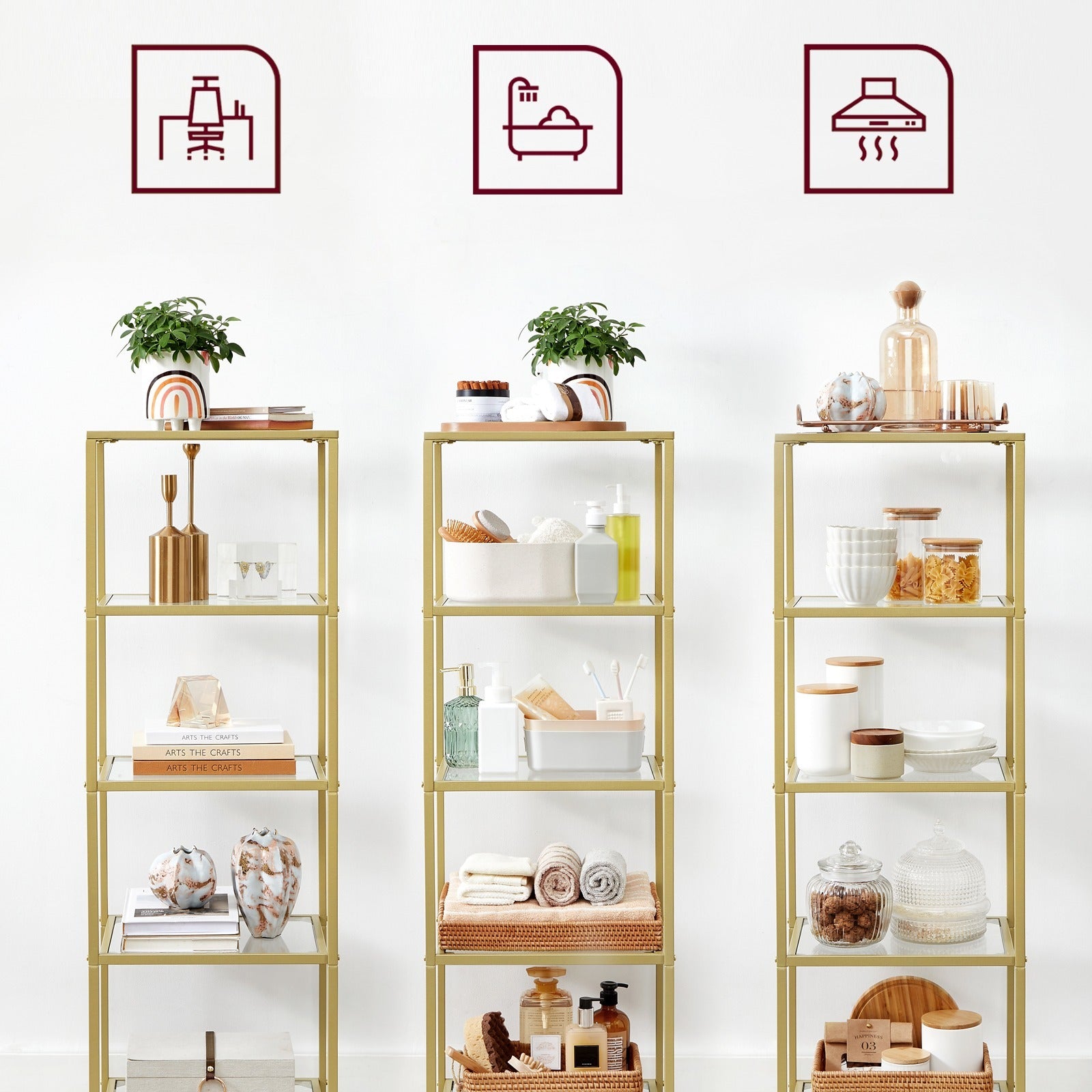 5-Tier Glass Shelf, Bookshelf, Storage Rack, Tempered Glass, Easy Assembly, Bathroom, Living Room, Black