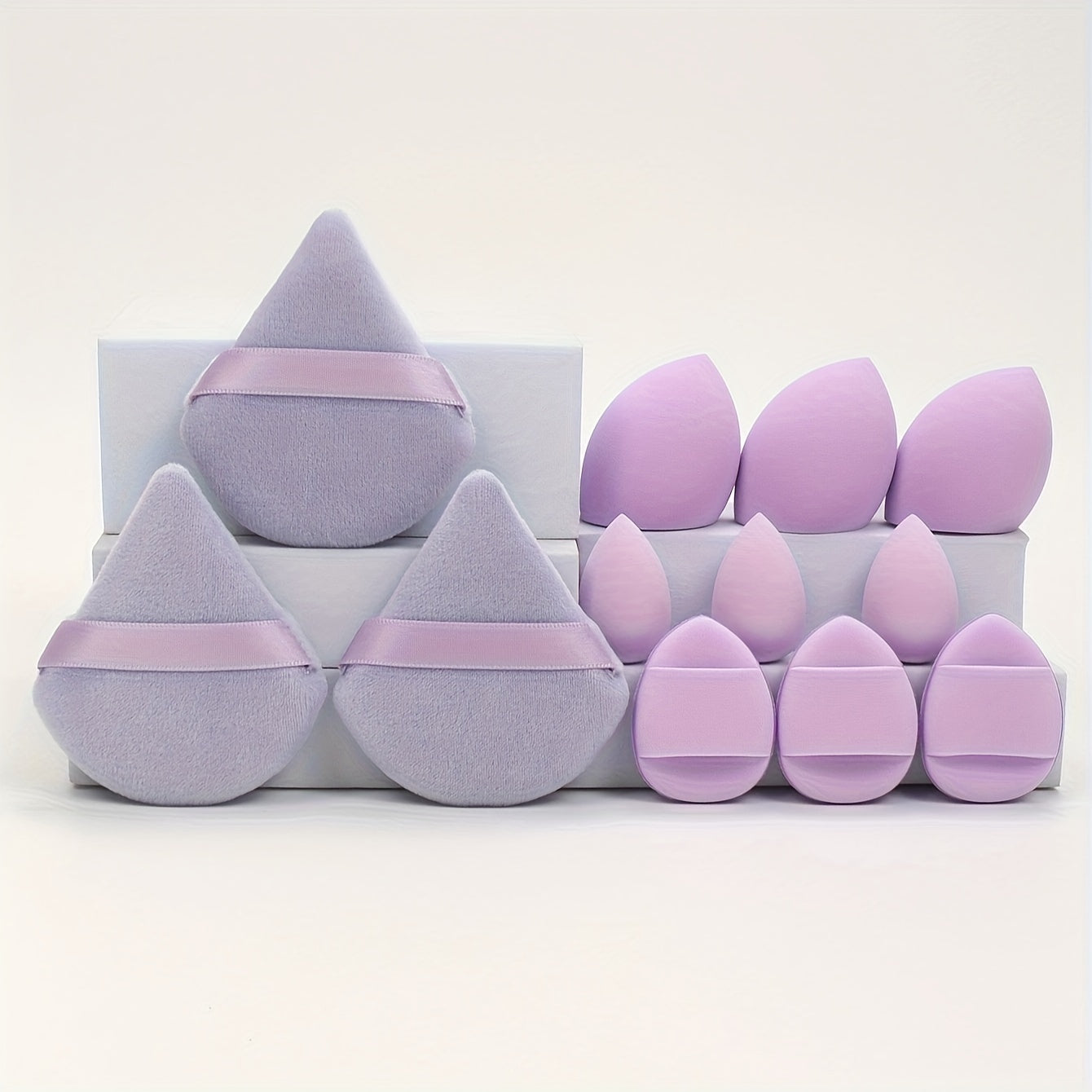 All-in-one 12pack/8pack makeup sponge set, consisting of 3 loose powder puffs, 3 mini air cushion puffs, 3 makeup sponges and 3 mini makeup sponges /or makeup puff& brush 8pcs set. Does not contain latex, does not easily eat