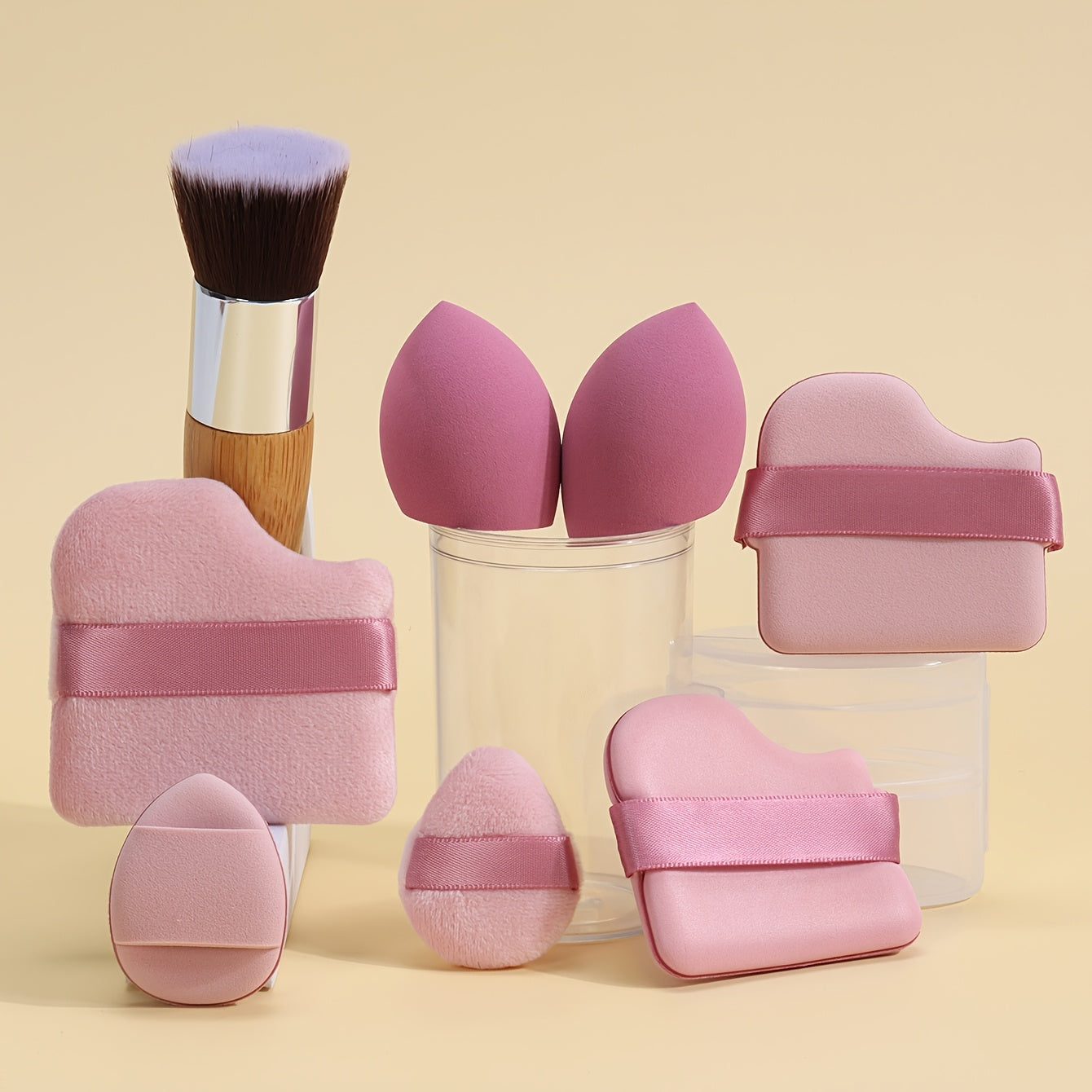 All-in-one 12pack/8pack makeup sponge set, consisting of 3 loose powder puffs, 3 mini air cushion puffs, 3 makeup sponges and 3 mini makeup sponges /or makeup puff& brush 8pcs set. Does not contain latex, does not easily eat