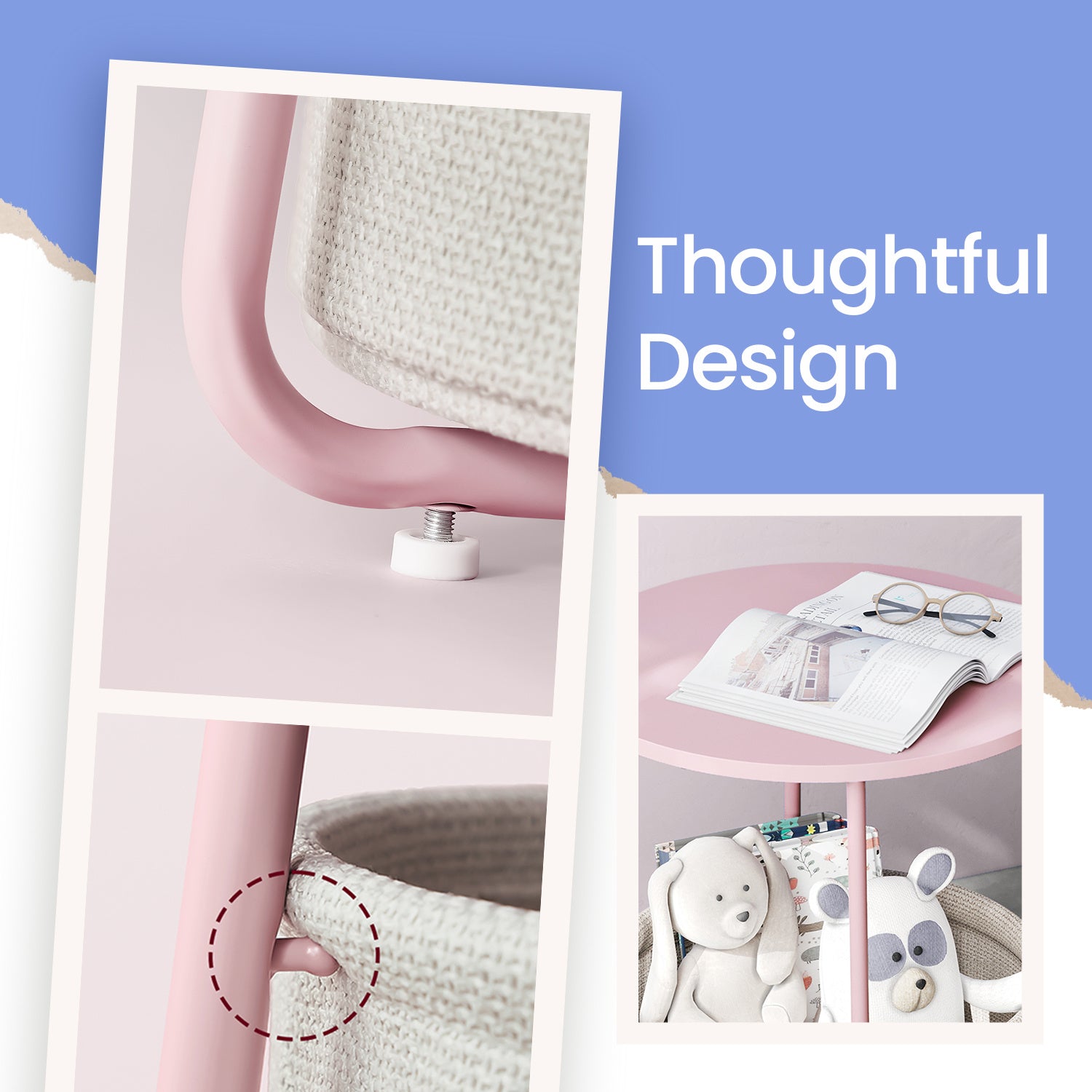 Side Table, Round End Table with Fabric Basket, for Living Room Bedroom, Bedside Table, Modern Style,Cream White,Laurel Green,Jelly Pink,Cement Grey,Ebony Black,Various colors