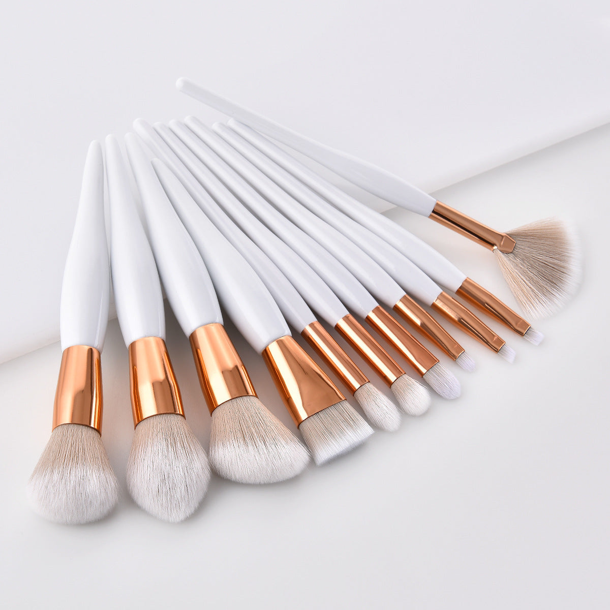 11pcs White Gold Professional Women Base Makeup Brush Set: Oblique Powder, Blush, Concealer, Cheek Makeup Brush Tools Eyes Kit