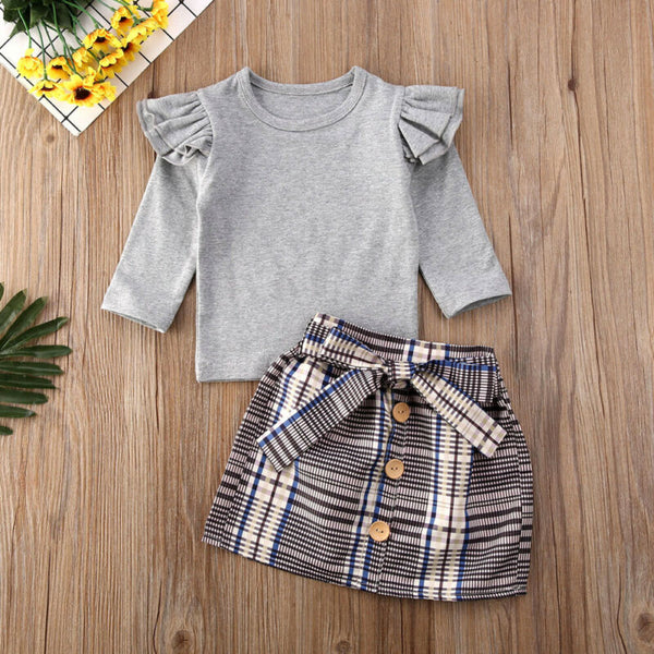 Toddler Baby Girl Fall/Winter Clothes: Crew Neck Solid Knit Pullover Tops, Plaid Button Mini Skirts