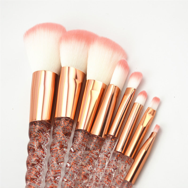 Crystal 8pcs Unicorn Brush Makeup Brush Set: Nylon Hair Eyebrow, Eyeshadow, Powder Brush. Rose Gold Portable Brushes