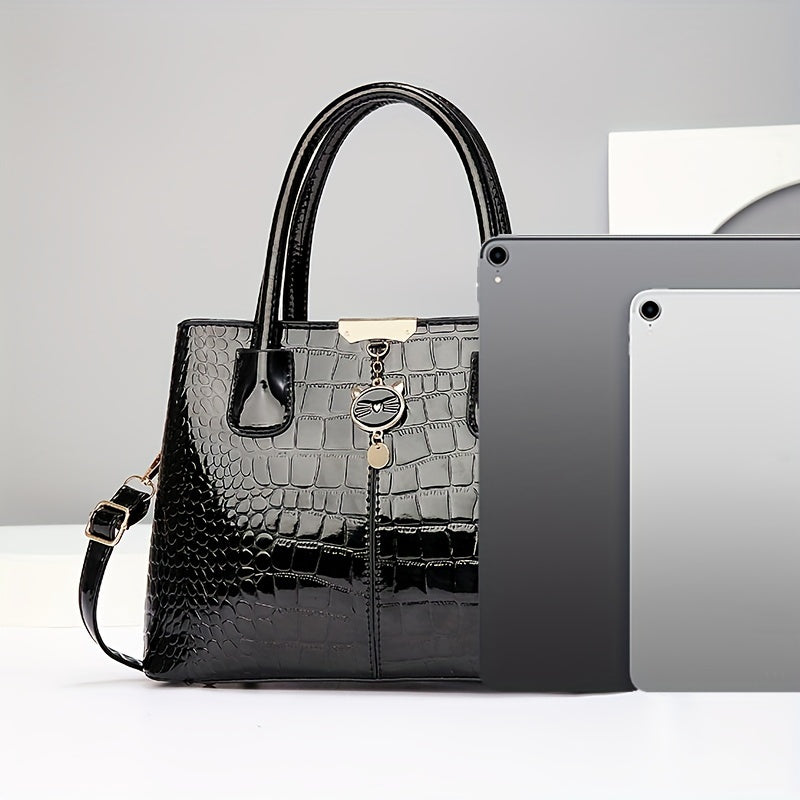 New Fashionable Handbag for Family, Large Capacity Crocodile Pattern Shoulder Bag, Perfect Gift for Middle-Aged Mothers
