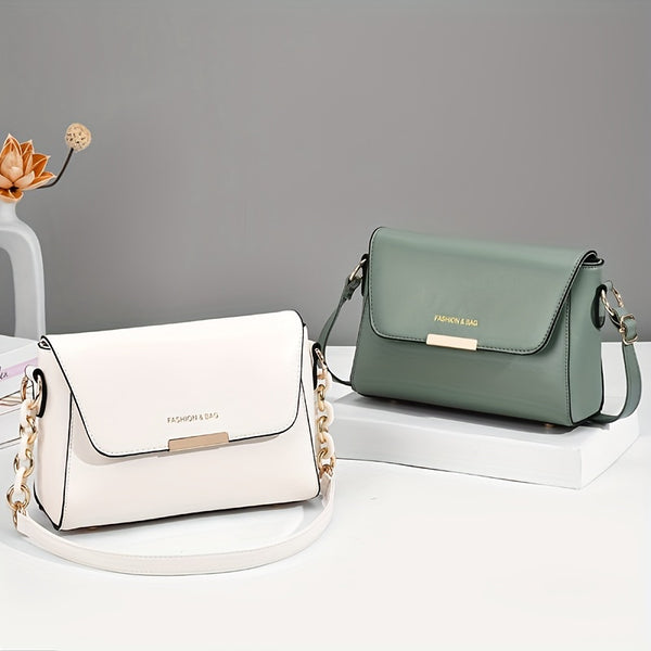 Korean-Style Small Square Handbag – Adjustable Crossbody/Shoulder Bag with Golden-Tone Hardware, Chain-Link Strap & Zipper Closure for Teens