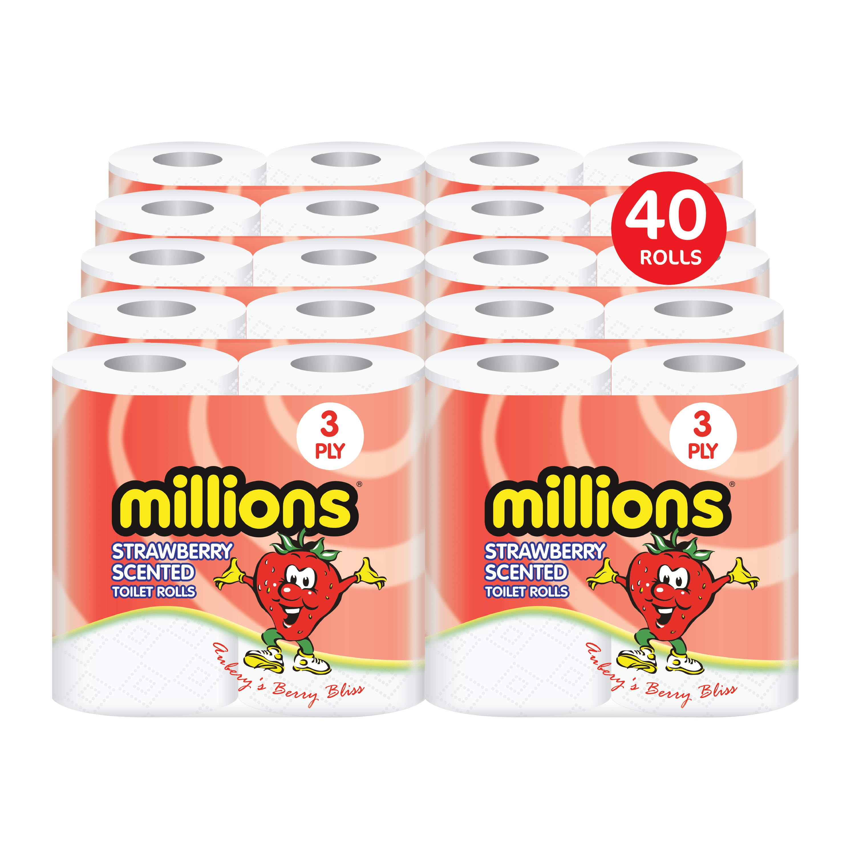 Millions Toilet Roll 3ply Strawberry Scented Soft Quilted Luxury Tissue Paper Strong & soft 40 Rolls